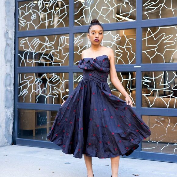 CEIL‎ CHAPMAN  Pinup Dress Blue Red Cherries Vintage Rockabilty Size Small - Picture 1 of 13